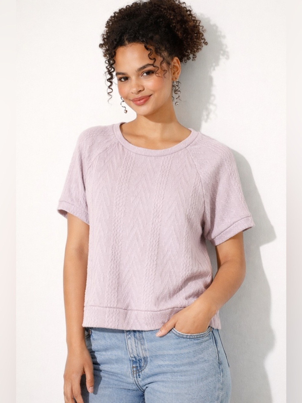 Gilli Burnished Lilac Short-Sleeve Textured Top. Size-Large Soft Minimalist